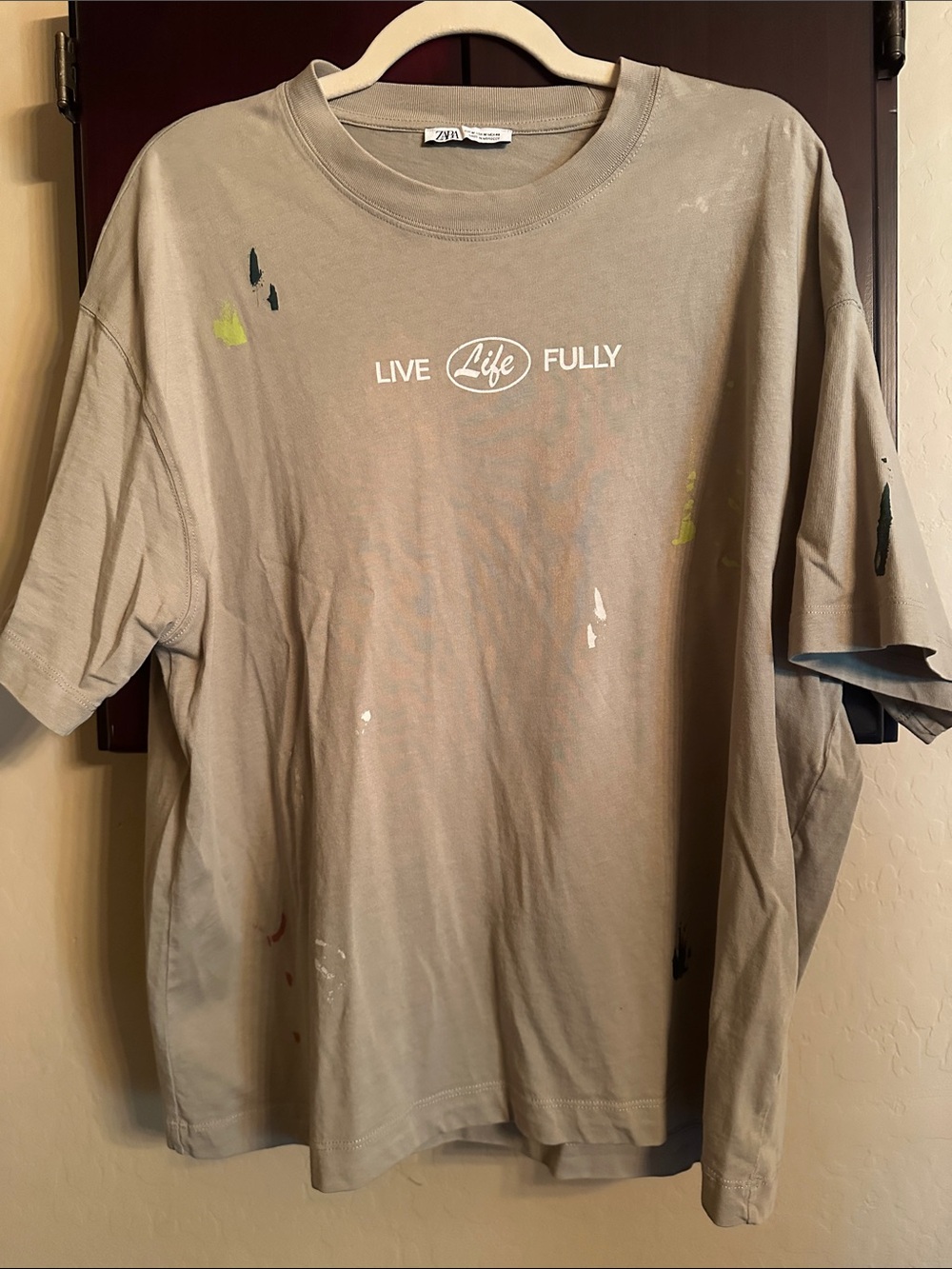 Zara Beige "Live Life Fully" Short Sleeve Tee with Paint Accents